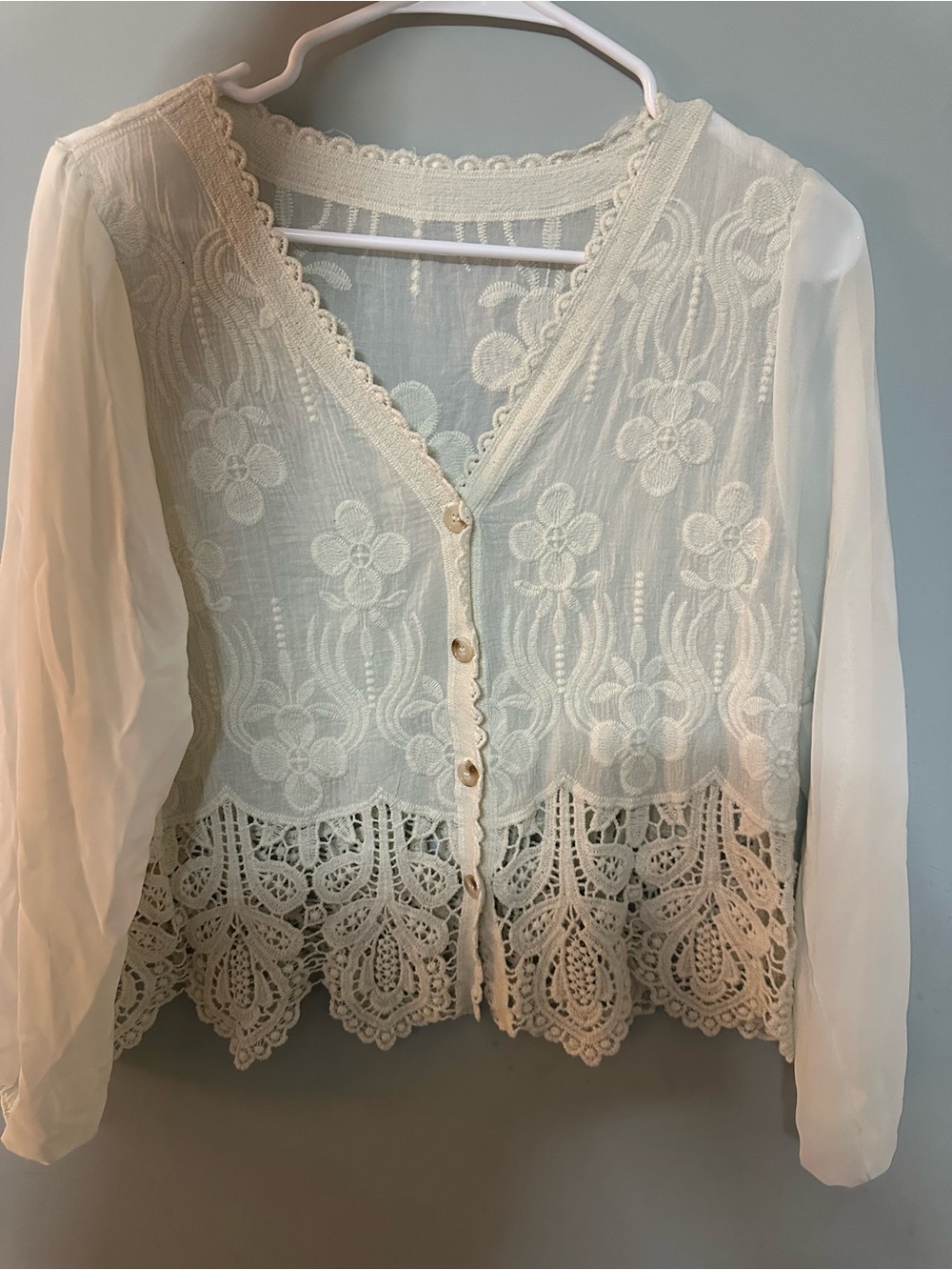 Jianhu Cream Boho Floral Embroidered Crochet Lace Cardigan Blouse - Size M